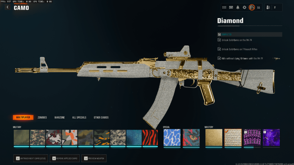 Black Ops 6 | 19 Diamond Camos + 6 Gold Camos Prestige 1 | 50 Wins Done | Handmade | Full access - Image 3